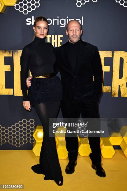 Rosie Huntington-Whiteley and Jason Statham attend the UK premiere of "The Beekeeper" at Vue Leicester Square on January 10, 2024 in London, England.