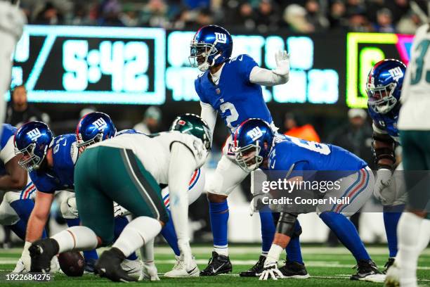 Tyrod Taylor of the New York Giants lines up during an NFL football game against the Philadelphia Eagles at MetLife Stadium on January 7, 2024 in...