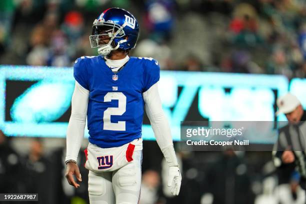 Tyrod Taylor of the New York Giants looks on from the field during an NFL football game against the Philadelphia Eagles at MetLife Stadium on January...