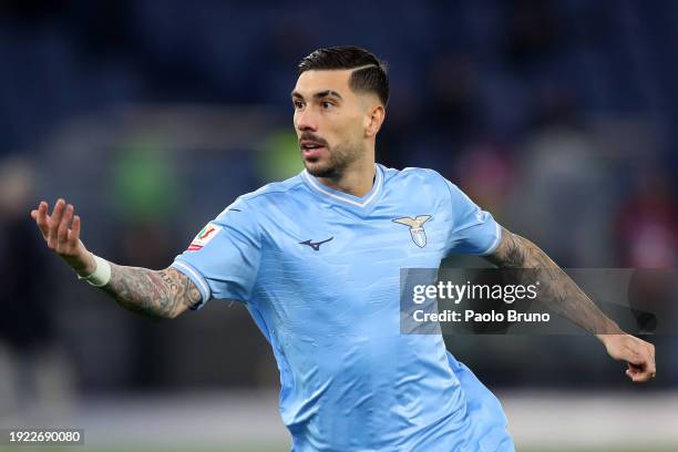 Mattia Zaccagni of SS Lazio celebrates scoring his team's first goal during the Coppa Italia match between SS Lazio and AS Roma at Stadio Olimpico on...