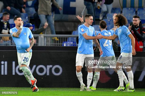 Mattia Zaccagni of SS Lazio celebrates the opening goal a, penalty during the Coppa Italia match between SS Lazio and AS Roma at Stadio Olimpico on...