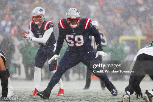 Vederian Lowe of the New England Patriots looks to block against the New York Jets Gillette Stadium on January 7, 2024 in Foxborough, Massachusetts.