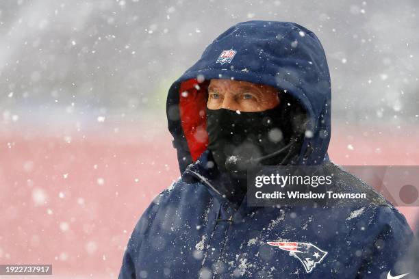 Head coach Bill Belichick of the New England Patriots looks on during their game against the New York Jets at Gillette Stadium on January 7, 2024 in...