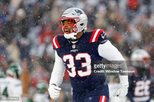 Anfernee Jennings of the New England Patriots celebrates after a sack against the New York Jets at Gillette Stadium on January 7, 2024 in Foxborough,...