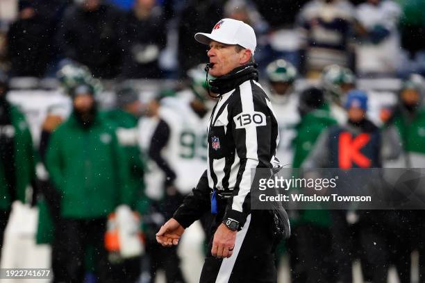 Referee Land Clark during the game between the New England Patriots and the New York Jets at Gillette Stadium on January 7, 2024 in Foxborough,...