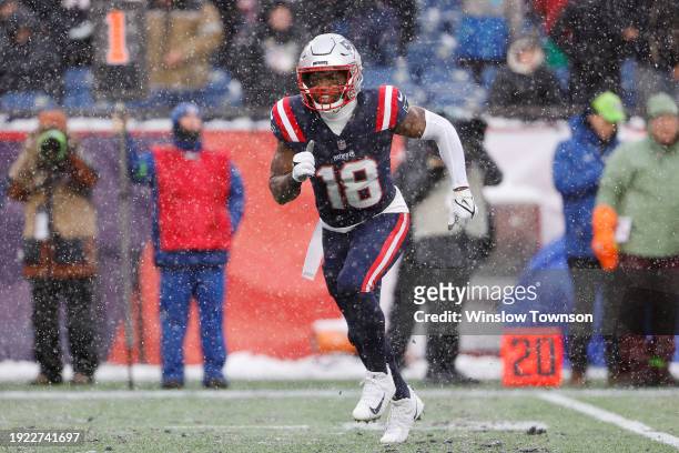 Matthew Slater of the New England Patriots on special teams against the New York Jets at Gillette Stadium on January 7, 2024 in Foxborough,...