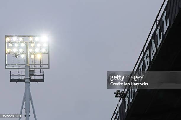 Floodlight shines down on a football sign prior to the Sky Bet Championship match between Ipswich Town and Sunderland at Portman Road on January 13,...