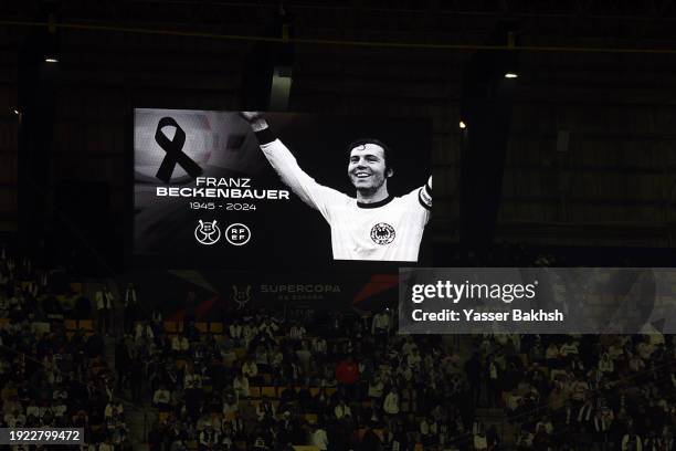 General view of the LED board as players, match officials and fans take part in a minute's silence for Franz Beckenbauer prior to the Super Copa de...