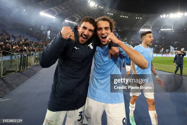 Danilo Cataldi and Matteo Guendouzi of SS Lazio celebrate following the team's victory in the Coppa Italia match between SS Lazio and AS Roma at...