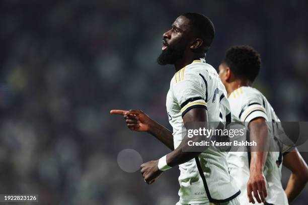 Antonio Ruediger of Real Madrid celebrates scoring his team's first goal during the Super Copa de Espana semi-final match between Real Madrid CF and...