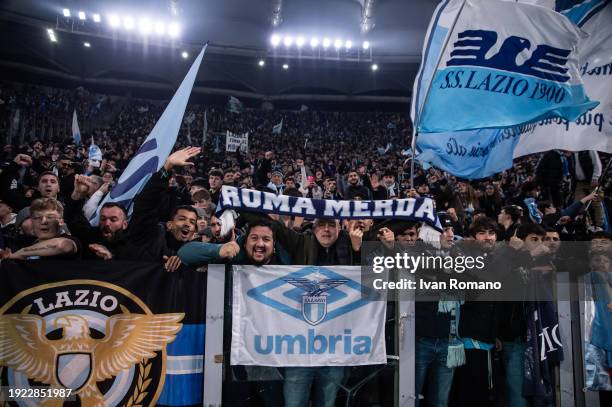 The SS Lazio supporters celebrate after the Coppa Italia quarter-finals match between SS Lazio and AS Roma at Stadio Olimpico on January 10, 2024 in...