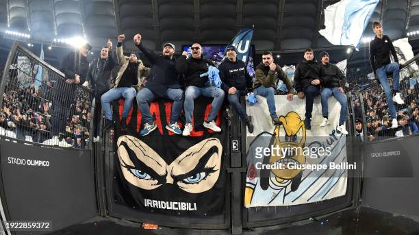 Fans of SS Lazio celebrate the victory after the match between of SS Lazio and AS Roma - Coppa Italia at Stadio Olimpico on January 10, 2024 in Rome,...