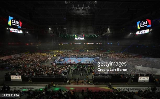 General view with a record crowd for a handball match of 53,586 during the Men's EHF Euro 2024 preliminary round match between Germany and...