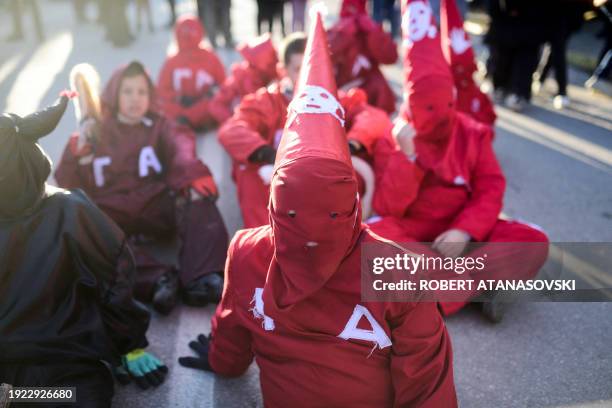 Participant wears a carnival costume as he takes part in a parade in the village of Vevcani, in southwest Macedonia, on January 13, 2024. The...