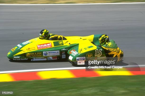 Paul and Charly Guedel of Switzerland in action during a sidecar race of the Italian Grand Prix at the Mugello circuit in Italy. The Guedels finished...