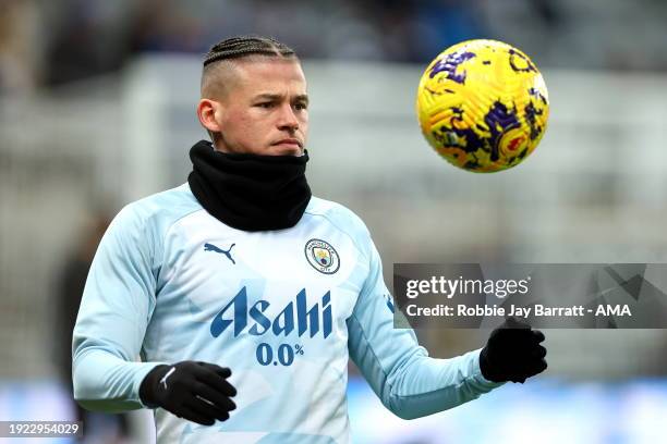 Kalvin Phillips of Manchester City warms up ahead of the Premier League match between Newcastle United and Manchester City at St. James Park on...