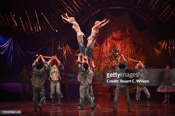 General view of an acrobatic act during the dress rehearsal for Cirque du Soleil's "Alegría: In A New Light" at the Royal Albert Hall on January 10,...