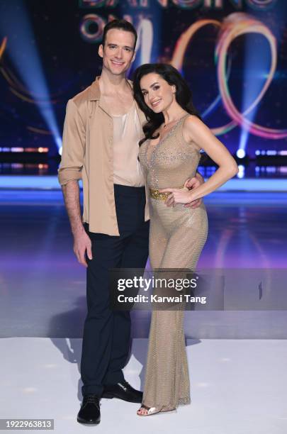 Simon Proulx-Sénécal and Amber Davies attend the "Dancing On Ice" photocall at Bovingdon Film Studios on January 10, 2024 in London, England.