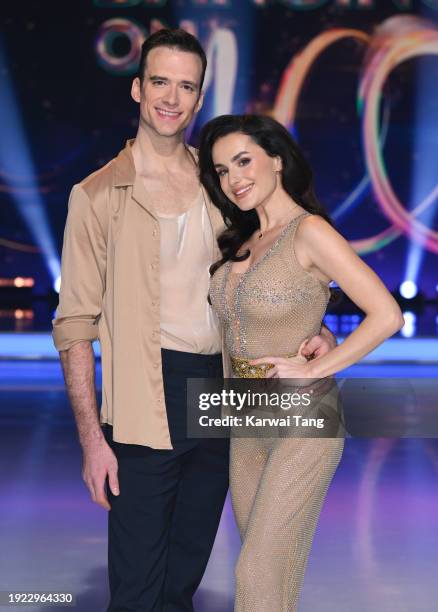 Simon Proulx-Sénécal and Amber Davies attend the "Dancing On Ice" photocall at Bovingdon Film Studios on January 10, 2024 in London, England.