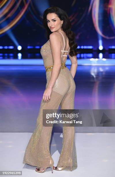 Amber Davies attends the "Dancing On Ice" photocall at Bovingdon Film Studios on January 10, 2024 in London, England.