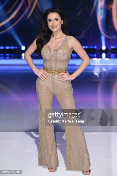 Amber Davies attends the "Dancing On Ice" photocall at Bovingdon Film Studios on January 10, 2024 in London, England.