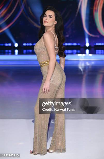 Amber Davies attends the "Dancing On Ice" photocall at Bovingdon Film Studios on January 10, 2024 in London, England.