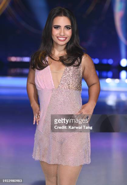 Amani Fancy attends the "Dancing On Ice" photocall at Bovingdon Film Studios on January 10, 2024 in London, England.
