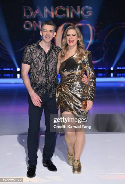 Brendyn Hatfield and Lou Sanders attend the "Dancing On Ice" photocall at Bovingdon Film Studios on January 10, 2024 in London, England.