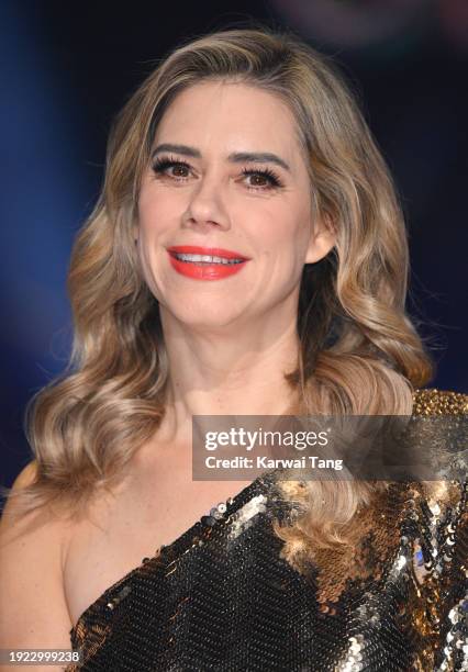 Lou Sanders attends the "Dancing On Ice" photocall at Bovingdon Film Studios on January 10, 2024 in London, England.