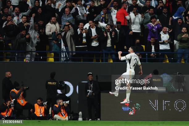 Daniel Carvajal of Real Madrid celebrates scoring his team's third goal during the Super Copa de Espana semi-final match between Real Madrid CF and...