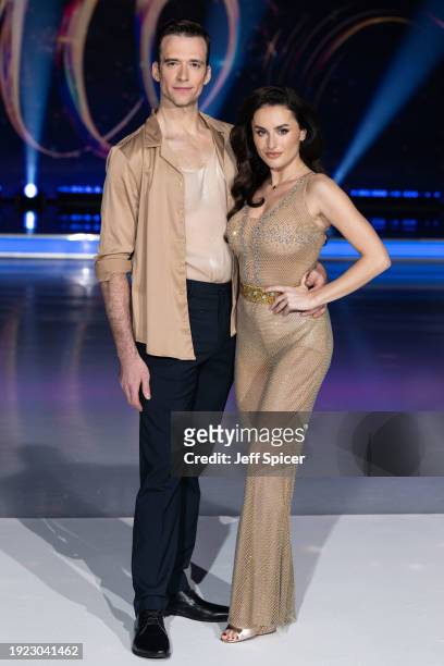 Simon Proulx-Sénécal and Amber Davies attend the "Dancing On Ice" photocall at Bovingdon Film Studios on January 10, 2024 in London, England.