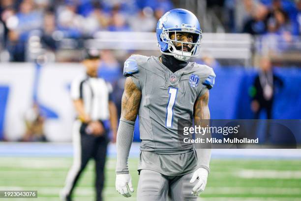 Cameron Sutton of the Detroit Lions looks on during the second half of a game against the Minnesota Vikings at Ford Field on January 07, 2024 in...