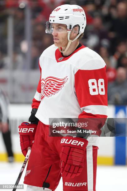 Patrick Kane of the Detroit Red Wings looks on during the first period of a game against the Anaheim Ducks at Honda Center on January 07, 2024 in...