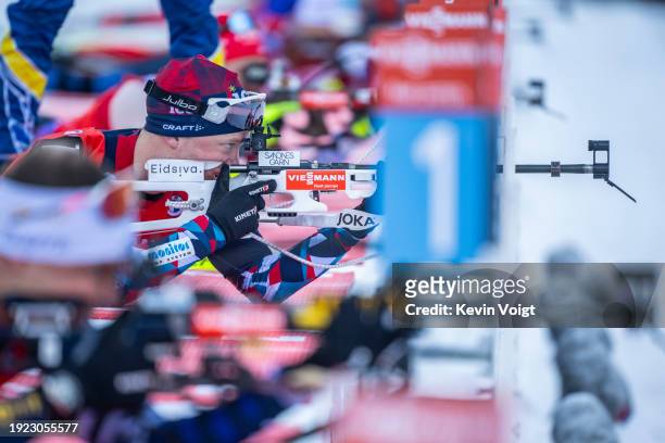 Tarjei Boe of Norway at the shooting range during the Men 10 km Sprint at the BMW IBU World Cup Biathlon Ruhpolding on January 13, 2024 in...