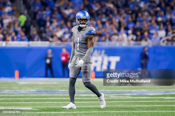 Cameron Sutton of the Detroit Lions looks on during the first half of a game against the Minnesota Vikings at Ford Field on January 07, 2024 in...