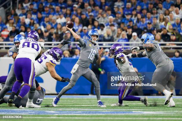 Jared Goff of the Detroit Lions throws a pass in the first half of a game against the Minnesota Vikings at Ford Field on January 07, 2024 in Detroit,...