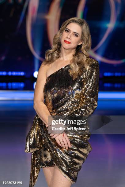 Lou Sanders attends the "Dancing On Ice" photocall at Bovingdon Film Studios on January 10, 2024 in London, England.