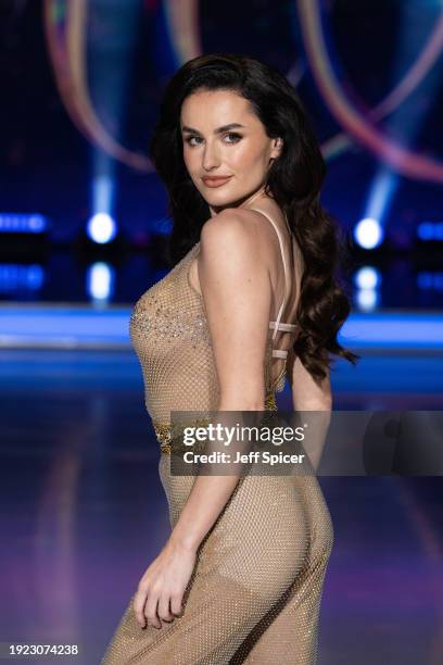Amber Davies attends the "Dancing On Ice" photocall at Bovingdon Film Studios on January 10, 2024 in London, England.