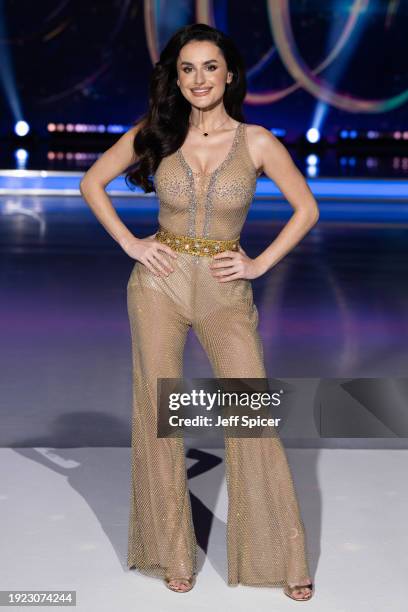 Amber Davies attends the "Dancing On Ice" photocall at Bovingdon Film Studios on January 10, 2024 in London, England.