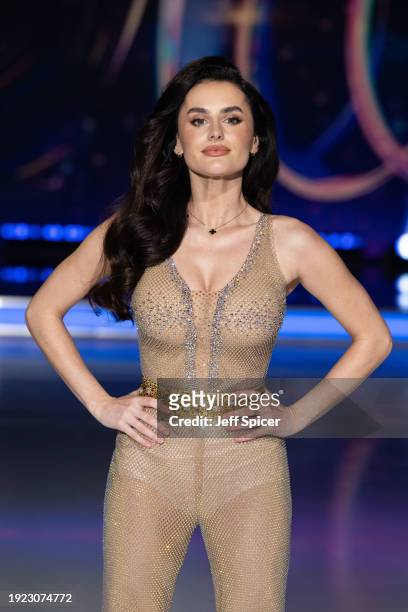 Amber Davies attends the "Dancing On Ice" photocall at Bovingdon Film Studios on January 10, 2024 in London, England.