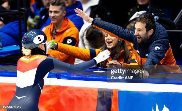 Xandra Velzeboer is congratulated by Niels Kerstholt and wins gold in the 500 meters on the second day of the European Short Track Championships. ANP...