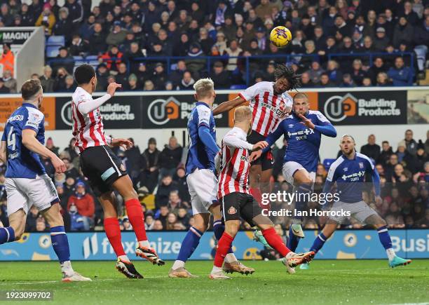 Aji Alese of Sunderland heads toward goal during the Sky Bet Championship match between Ipswich Town and Sunderland at Portman Road on January 13,...