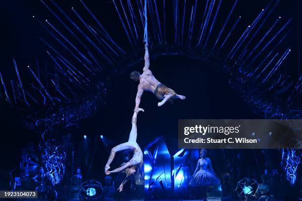 General view of the Aerial Straps performance during the dress rehearsal for Cirque du Soleil's "Alegría: In A New Light" at the Royal Albert Hall on...