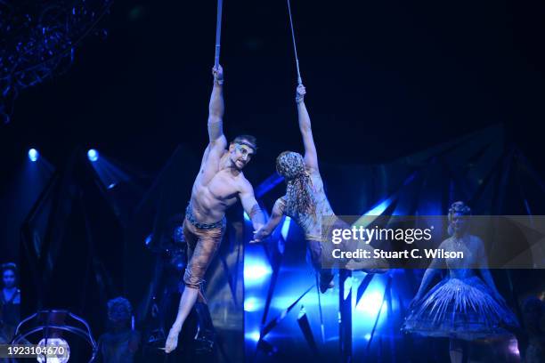 General view of the Aerial Straps performance during the dress rehearsal for Cirque du Soleil's "Alegría: In A New Light" at the Royal Albert Hall on...