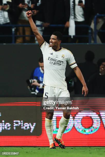 Jude Bellingham of Real Madrid celebrates his team's fourth goal, an own scored by Stefan Savic of Atletico Madrid during the Super Copa de Espana...