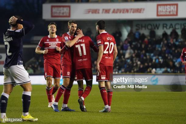 Isaiah Jones of Middlesbrough celebrating his goal to make it 1-2 during the Sky Bet Championship match between Millwall and Middlesbrough at The Den...