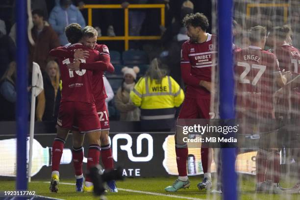 Marcus Forss of Middlesbrough celebrating his goal to make it 1-3 during the Sky Bet Championship match between Millwall and Middlesbrough at The Den...