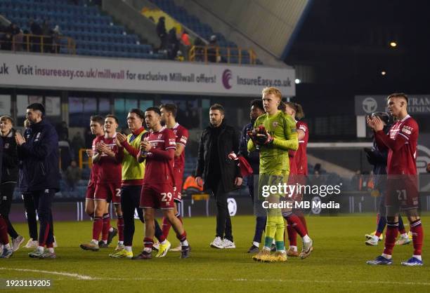 The Middlesbrough players clapping the fans after the Sky Bet Championship match between Millwall and Middlesbrough at The Den on January 13, 2024 in...