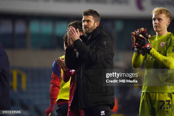 Michael Carrick head coach of Middlesbrough clapping the fans after the Sky Bet Championship match between Millwall and Middlesbrough at The Den on...