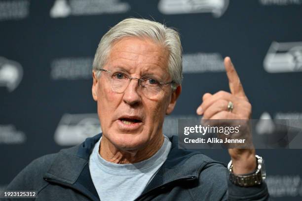 Former Seattle Seahawks head coach Pete Carroll speaks at the Seattle Seahawks press conference at Virginia Mason Athletic Center on January 10, 2024...